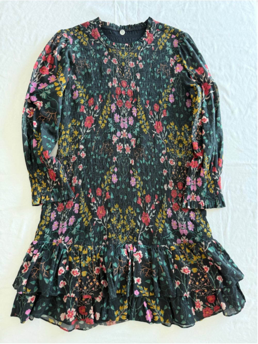 Women's Margaret O'Leary Floral Long Sleeve Smocked Dress, Size L, Black/Pink - Picture 2 of 10